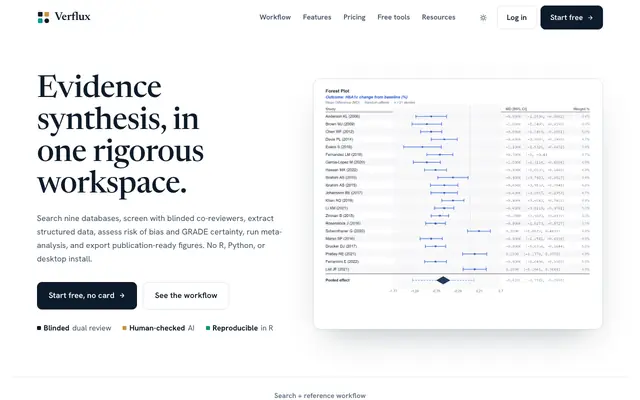 Screenshot of Verflux: Rigorous Evidence Synthesis for Systematic Reviews & Meta-Analysis