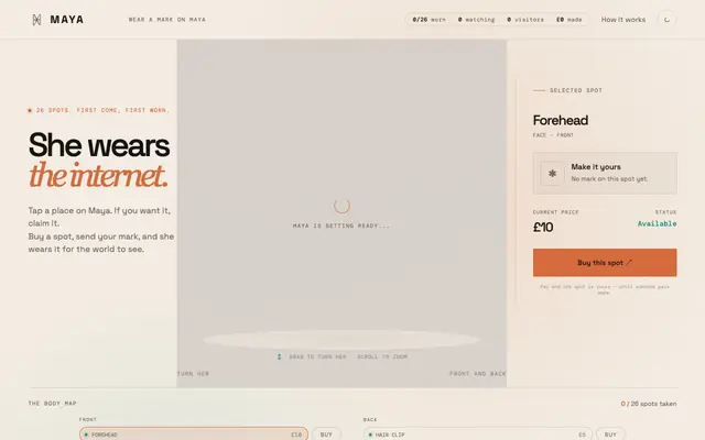 Screenshot of Bid Maya — Put your brand's mark on a 3D character