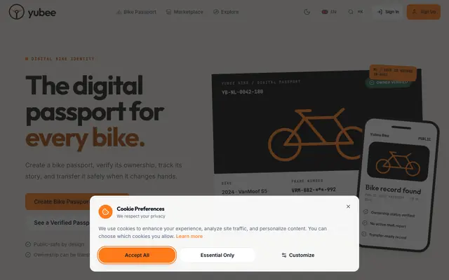 Screenshot of Yubee Bike | Digital Bike Passport & Verified Marketplace