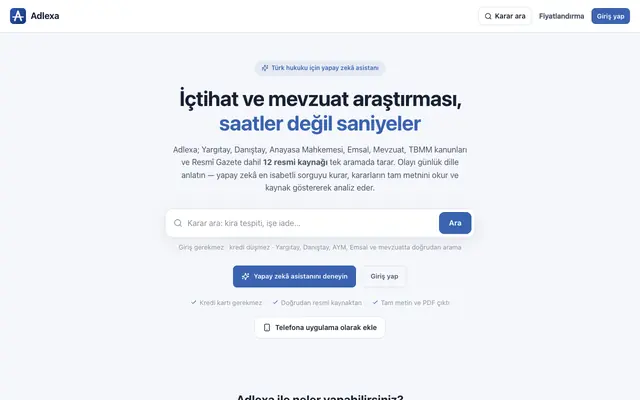 Screenshot of Adlexa — Yapay zekâ destekli içtihat ve mevzuat araştırması