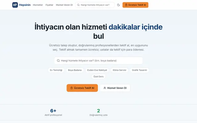 Screenshot of Hepsinin — İhtiyacın Olan Hizmeti Dakikalar İçinde Bul.
