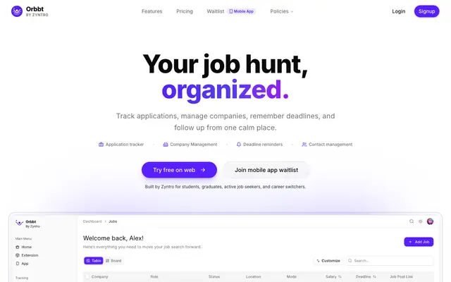Screenshot of Orbbt — Your job hunt, organized.