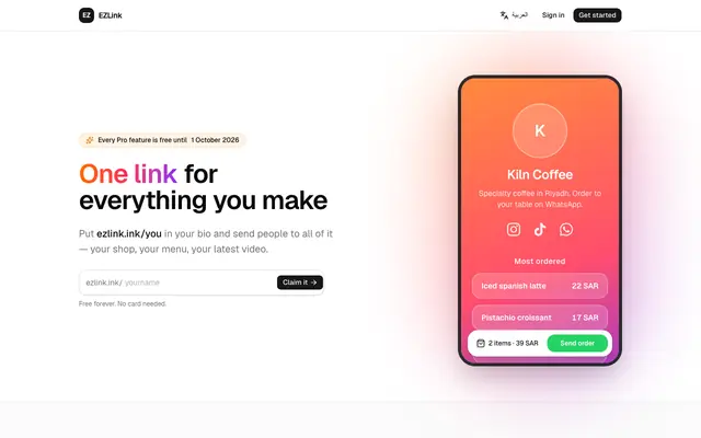 Screenshot of One link for everything you make · EZLink