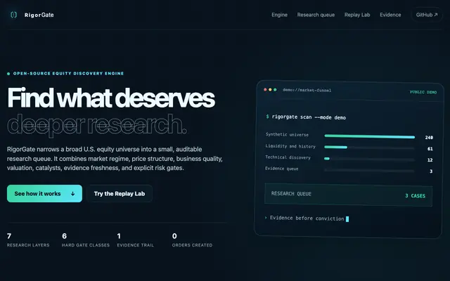 Screenshot of RigorGate — Audit-first equity discovery