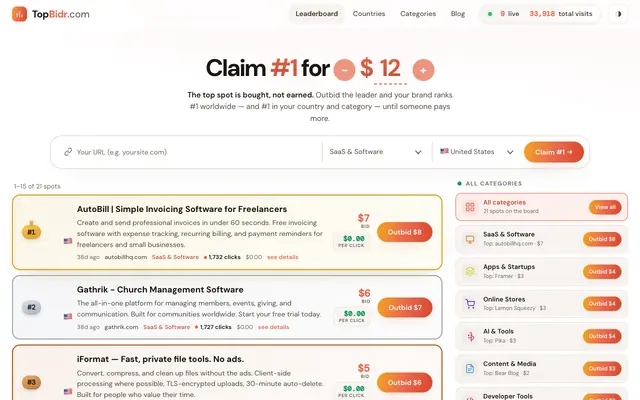 Screenshot of TopBidr — Buy your way to #1