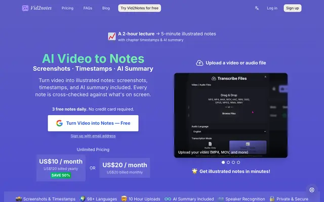 Screenshot of AI Video to Notes with Screenshots, Timestamps & AI Summary | Vid2notes
