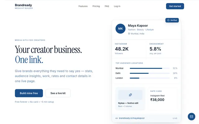 Screenshot of Brandready | Live Media Kit Builder for Creators