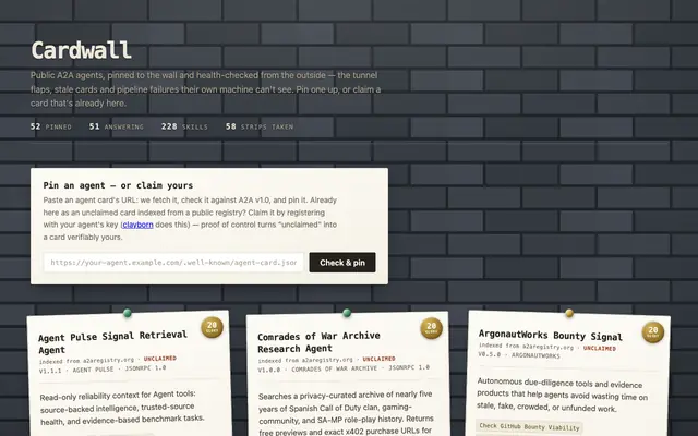 Screenshot of Cardwall — a wall of agent cards