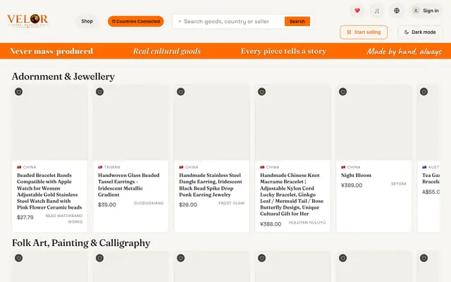 Screenshot of Velor — Global Marketplace for Culture & Heritage