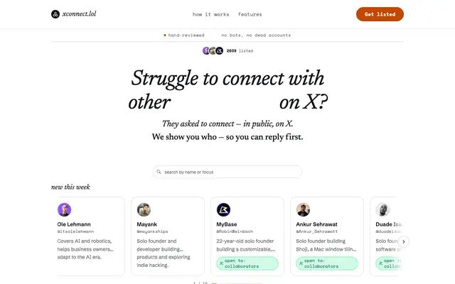 Screenshot of xconnect — builders on X looking to connect