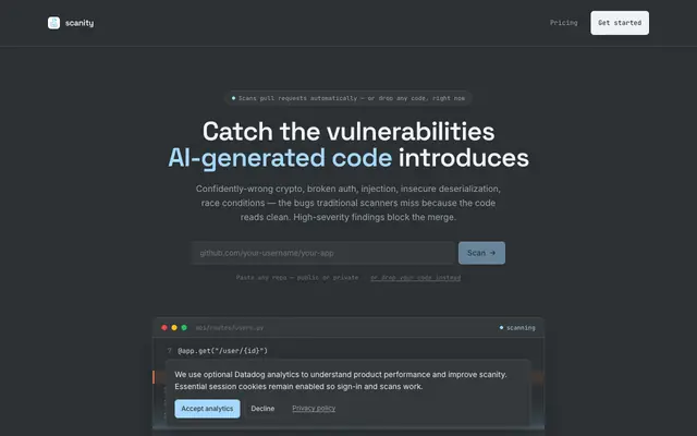 Screenshot of Scanity — Catch the vulnerabilities AI-generated code introduces