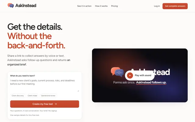 Screenshot of AskInstead — Complete answers without manual follow-up