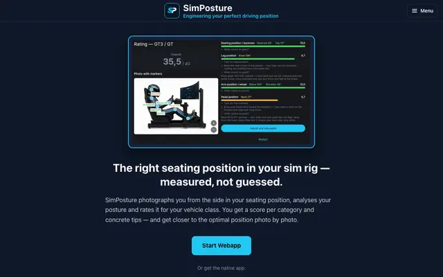 Screenshot of SimPosture — Sim Racing Seating Position, Measured