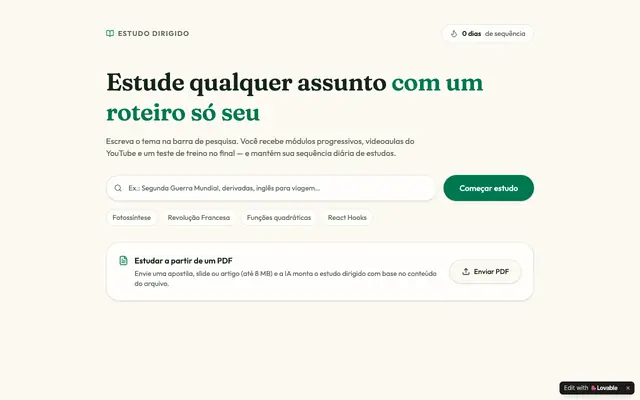 Screenshot of Estudo Dirigido — plano, videoaulas e testes com IA