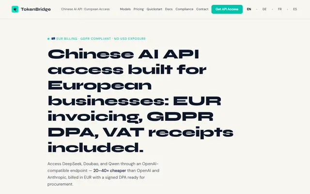 Screenshot of TokenBridge — Chinese AI API Tokens for European Business
