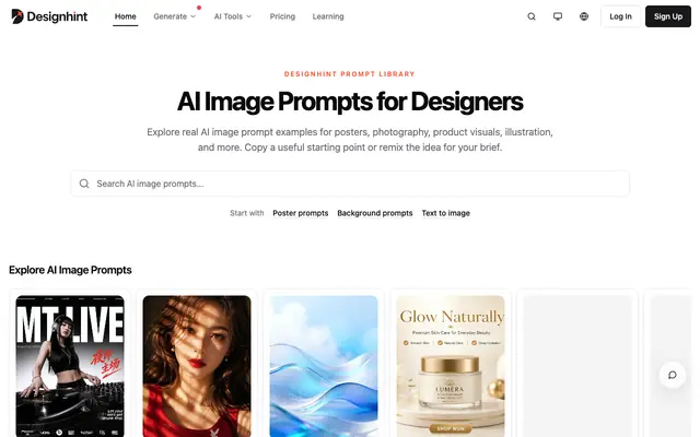 Screenshot of AI Image Prompts & Examples for Designers | Designhint