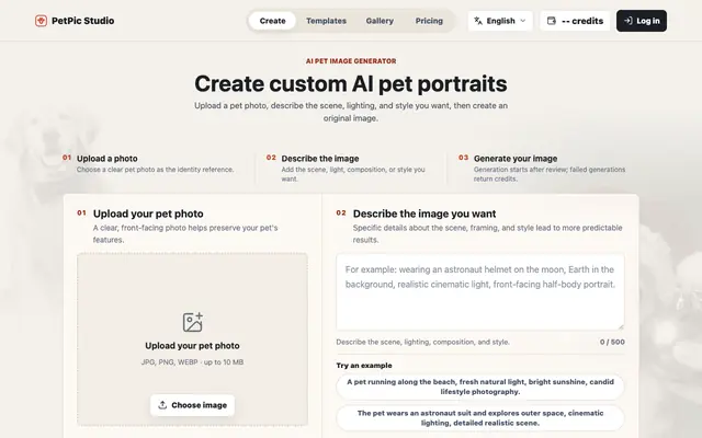 Screenshot of AI Pet Portrait Generator | PetPic Studio