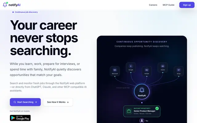 Screenshot of AI Job Search Platform | Smart Job Alerts & Company Career Monitoring | NotifyAI