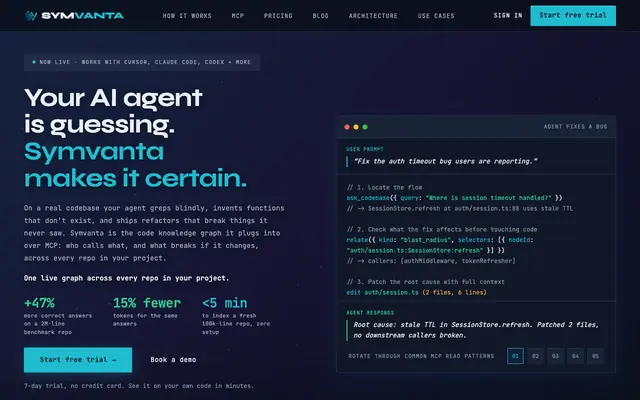 Screenshot of Code Knowledge Graph MCP Server for AI Agents | Symvanta