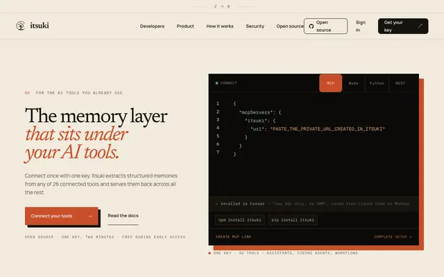 Screenshot of Itsuki — the memory layer that sits under your AI tools.