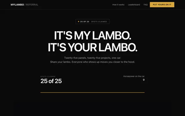 Screenshot of MyLambo: refer friends, get your name on the lambo