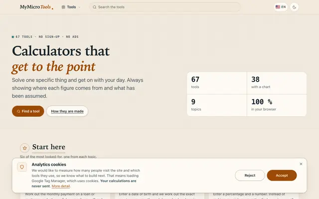 Screenshot of MyMicroTools — 40 fast, free calculators with no sign-up
