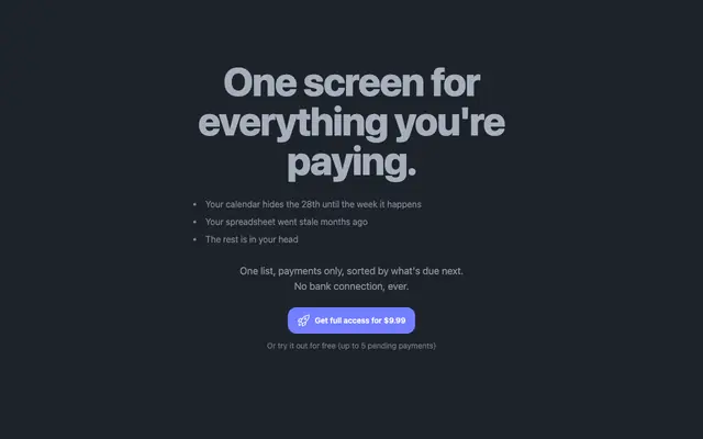 Screenshot of One screen for everything you're paying | BudgetFast