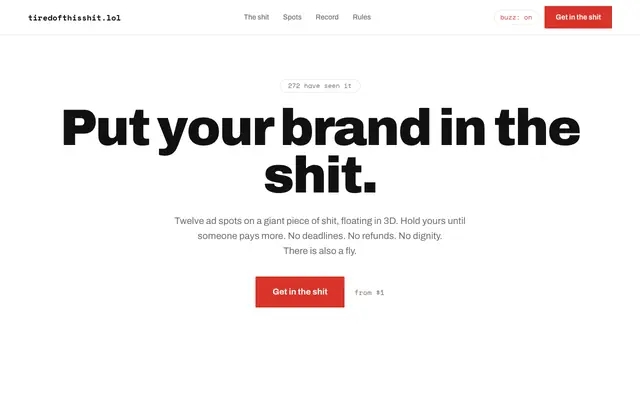 Screenshot of tiredofthisshit.lol · Put your brand in the shit