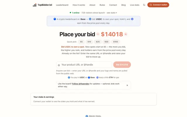 Screenshot of TopBidder.lol — the crypto leaderboard on Base