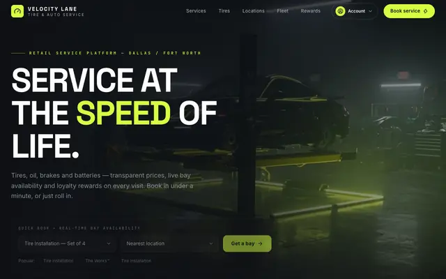 Screenshot of Velocity Lane — Tires & Auto Service, Booked in Seconds