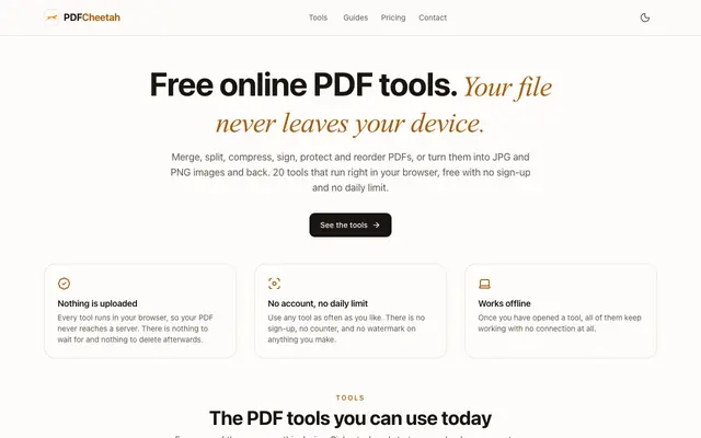 Screenshot of Free PDF tools that never upload your file — PDFCheetah