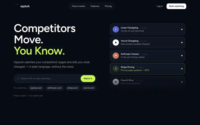 Screenshot of Opplurk — Competitor intelligence with AI summaries & alerts