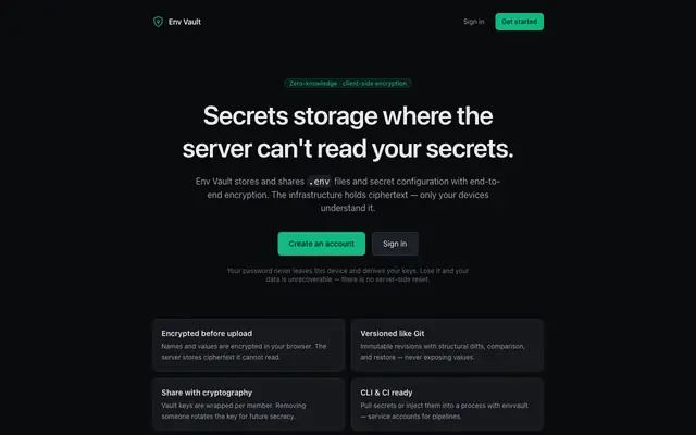 Screenshot of Env Vault — Zero-knowledge secrets storage for developers