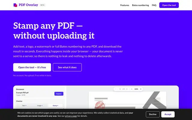 Screenshot of PDF Overlay — Add Text, Images & Bates Numbers to a PDF, Free