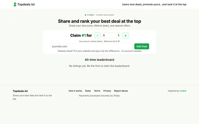 Screenshot of Topdeals.lol — paid public leaderboard for startup deals