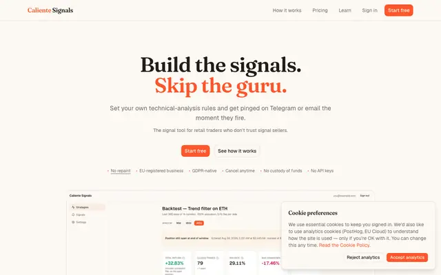 Screenshot of Caliente Signals — build the signals, skip the guru