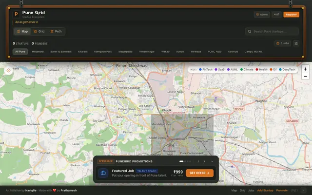 Screenshot of Pune Founders Grid — Official Pune Startup Register & Job Ledger