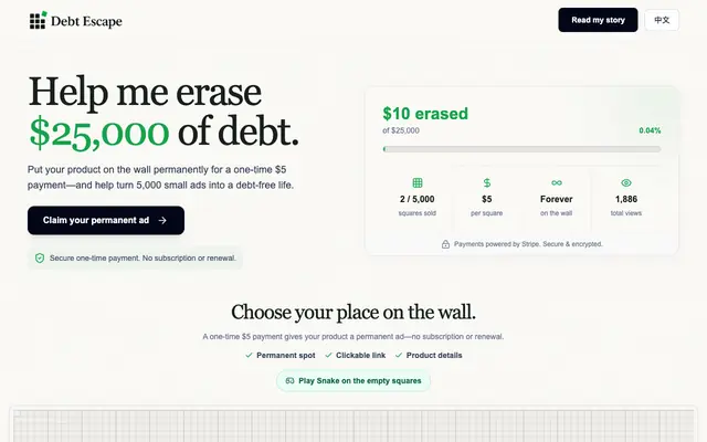 Screenshot of Debt Escape — 5,000 Squares to Debt Freedom