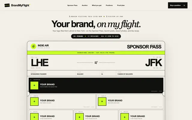 Screenshot of BrandMyFlight — Ten brands. One funded flight.