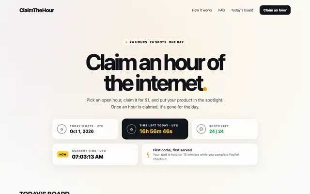 Screenshot of ClaimTheHour — Claim an Hour of the Internet for $1