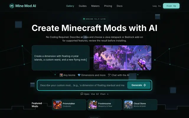 Screenshot of Mine Mod AI — Free Minecraft Mod, Map & Add-On Generator (No Coding)