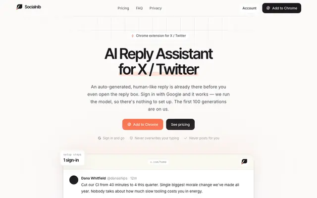 Screenshot of Socialnib — AI reply assistant for X