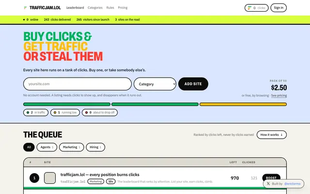 Screenshot of trafficjam.lol — every position burns clicks