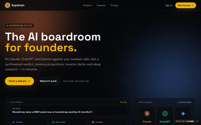 Screenshot of Suprbrain — AI debates your startup decisions