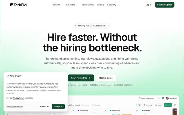 Screenshot of The AI recruiter that runs the whole pipeline — interviews to signed offer | Tar