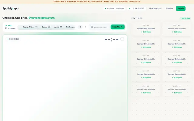 Screenshot of SpotMy.app – Your Turn in the Spotlight | Launch Platform for Micro-SaaS