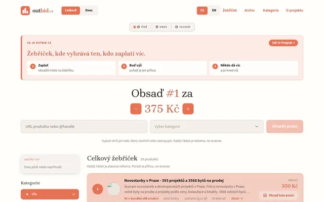 Screenshot of outbid.cz: zaplať a buď první