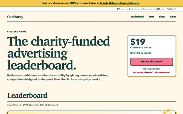 Screenshot of Outcharity — Charity-Funded Advertising Leaderboard