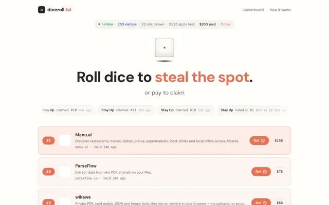 Screenshot of diceroll.lol — win the leaderboard