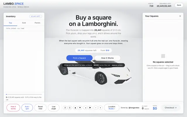 Screenshot of lambo.space — Buy a Square on a Lamborghini